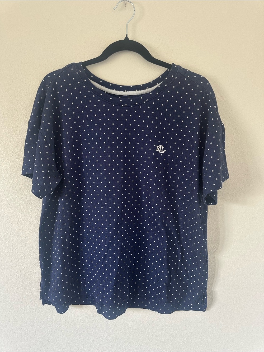 Ralph Lauren Embroidered Logo Navy Polka Dot Pajama Sleep Top